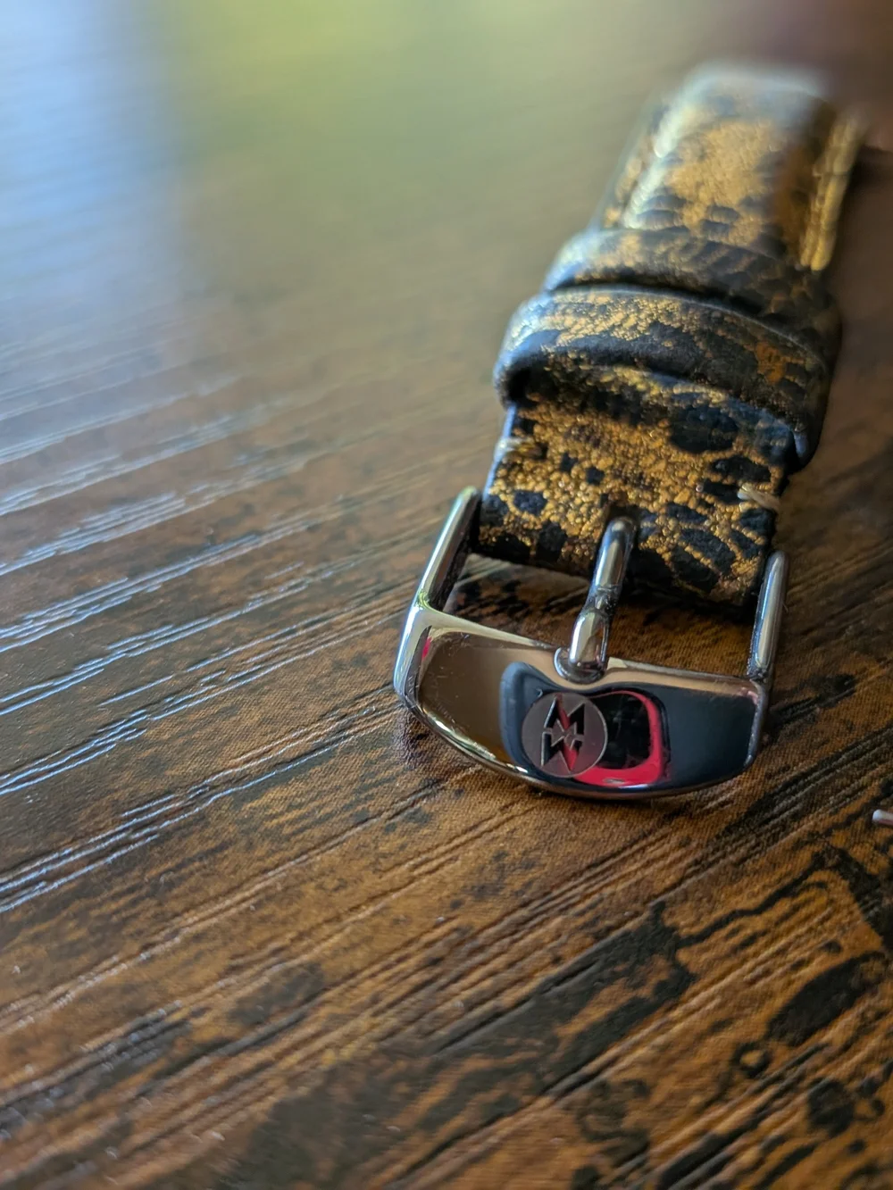 Michele Leather Watch Band In Black And Gold Lace Design